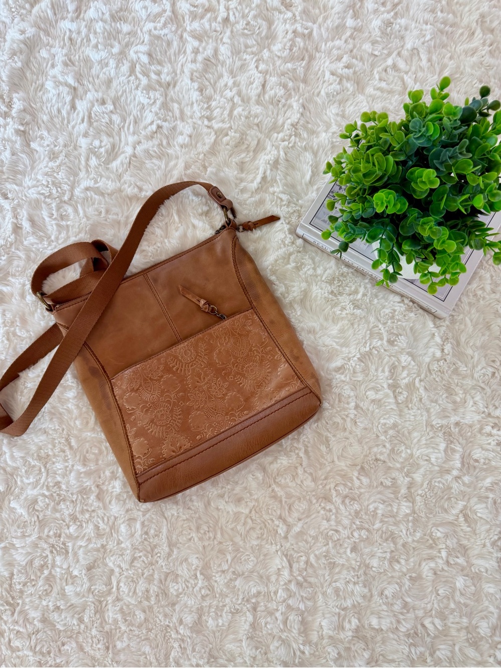 The Sak Brown Leather Floral-Embossed Crossbody Bag